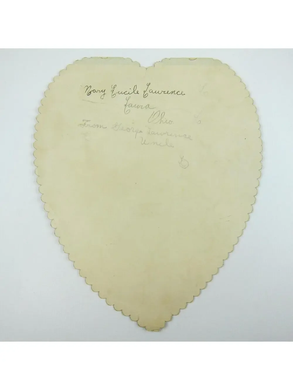 Antique Valentine Die cut Heart LARGE Girl Red Dress Hat Butterfly Cupid Flowers